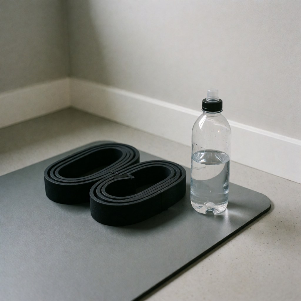 Deux bandes de résistance noires et une bouteille d'eau posées sur un tapis de gymnastique gris dans un gymnase aux murs clairs et à l'éclairage chaud.