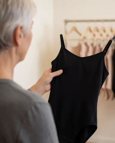 Une cliente examine un collant noir dans une boutique de vêtements de danse, avec des présentoirs de vêtements en arrière-plan.