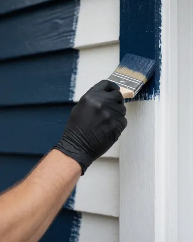 Une main portant un gant noir applique de la peinture bleu marine sur un mur extérieur de maison à l'aide d'un pinceau, illustrant un service de peinture en action.