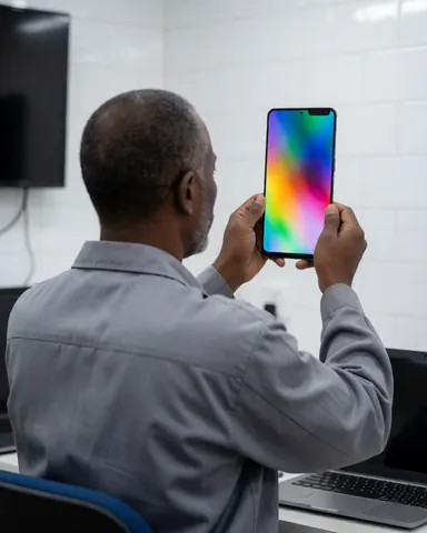 Un technicien vérifie un écran de téléphone dans un atelier de réparation aux murs carrelés de blanc.