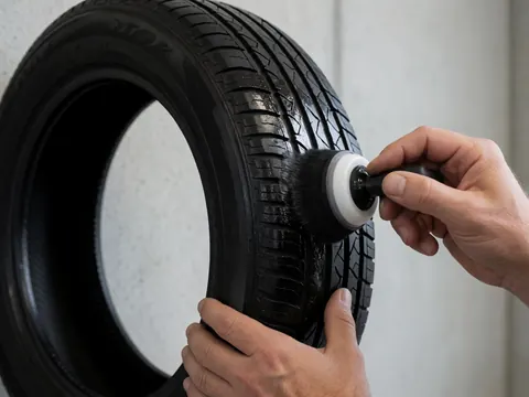Une main utilise un pinceau pour appliquer un produit brillant sur le profil d'un pneu noir devant un mur de béton lisse.