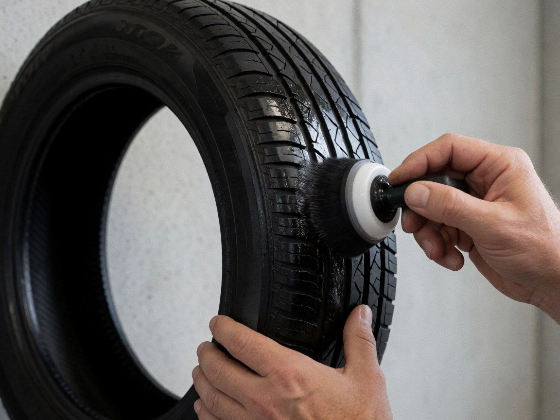 Une main utilise un pinceau pour appliquer un produit brillant sur le profil d'un pneu noir devant un mur de béton lisse.