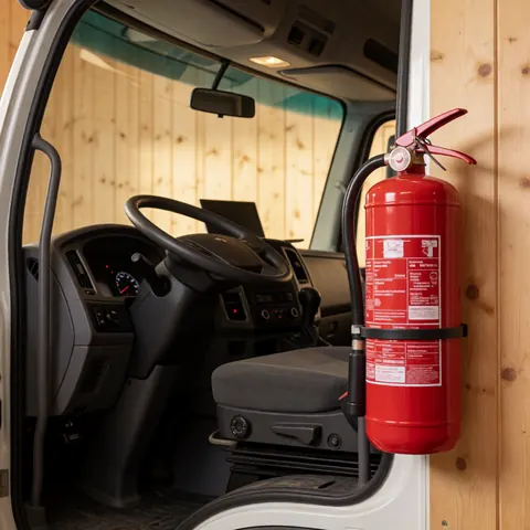 Extincteur rouge fixé dans la cabine d'un camion remorqueur avec volant et tableau de bord en bois visibles pour les services de remorquage