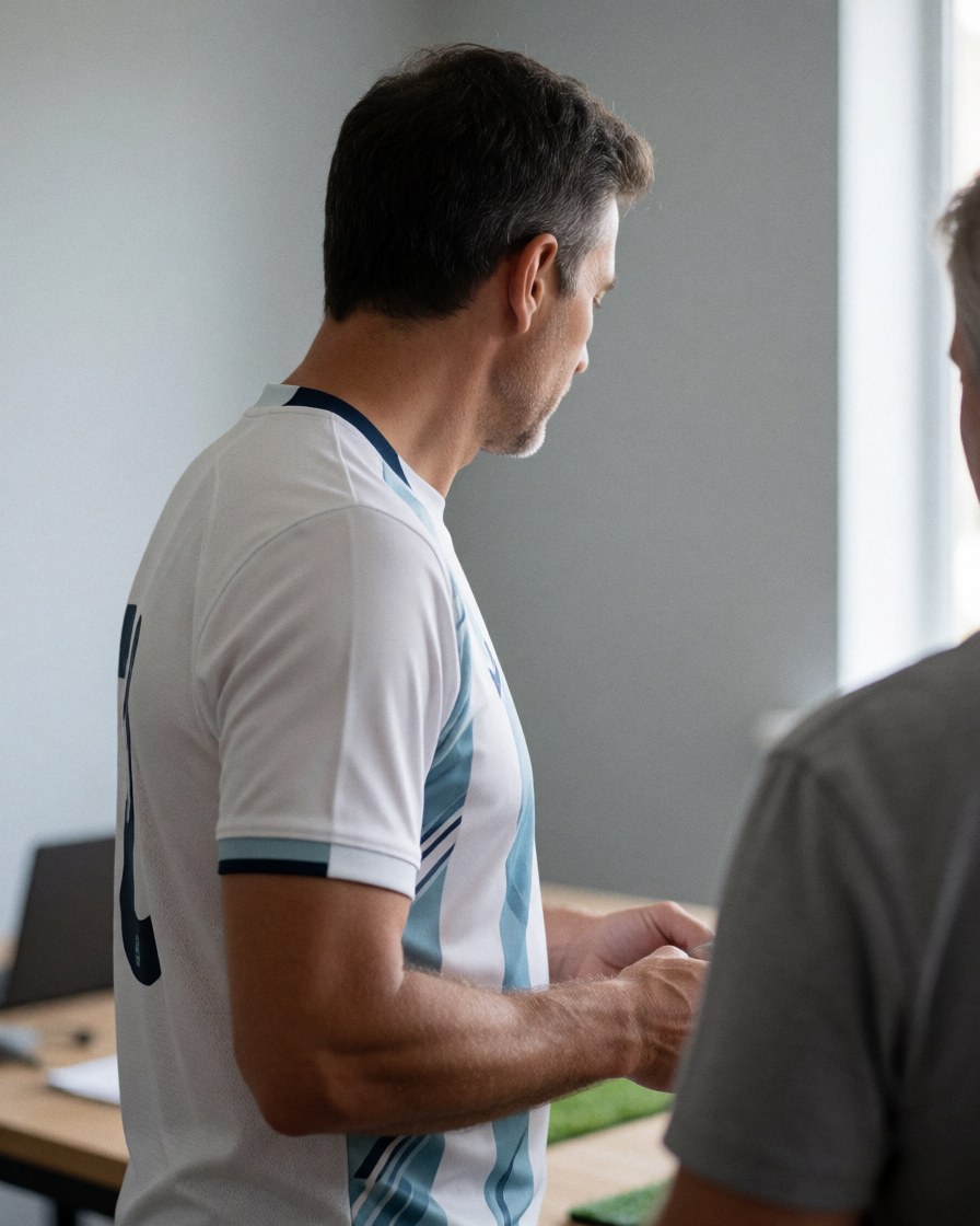 Un entraîneur de football en uniforme discute avec un joueur dans un espace d'entraînement intérieur aux murs gris, illustrant la communication professionnelle et la stratégie sportive.