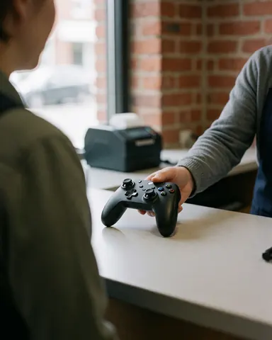 Une cliente dépose une manette de jeu vidéo noire dans un magasin spécialisé, devant un mur en briques avec une imprimante de tickets visible.