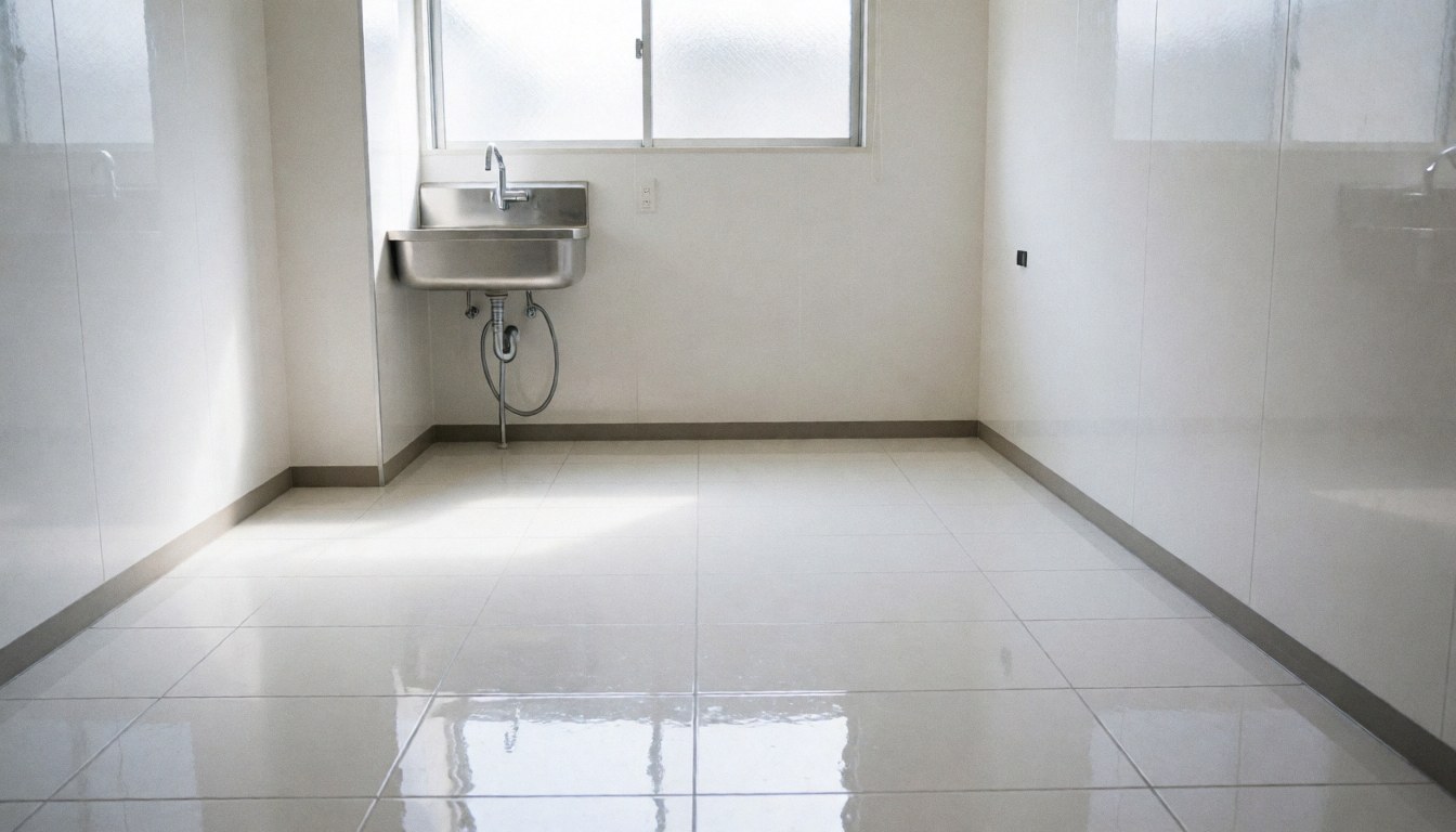 Espace propre et professionnel pour installation de cuisine, avec évier en acier inoxydable, sol de carreaux blancs brillants et fenêtre haute laissant entrer la lumière naturelle.