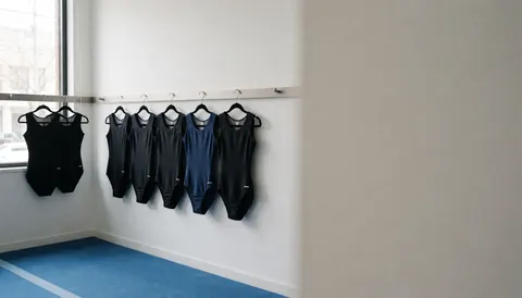 Des leotards noirs et bleus accrochés à un mur blanc dans un gymnase au sol bleu avec une lumière naturelle, idéal pour une page d'accueil de site web.