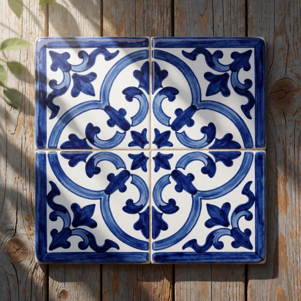 Ceramique traditionnelle aux motifs bleus sur une surface en bois rustique, suitable pour une decoration de parc thematique.