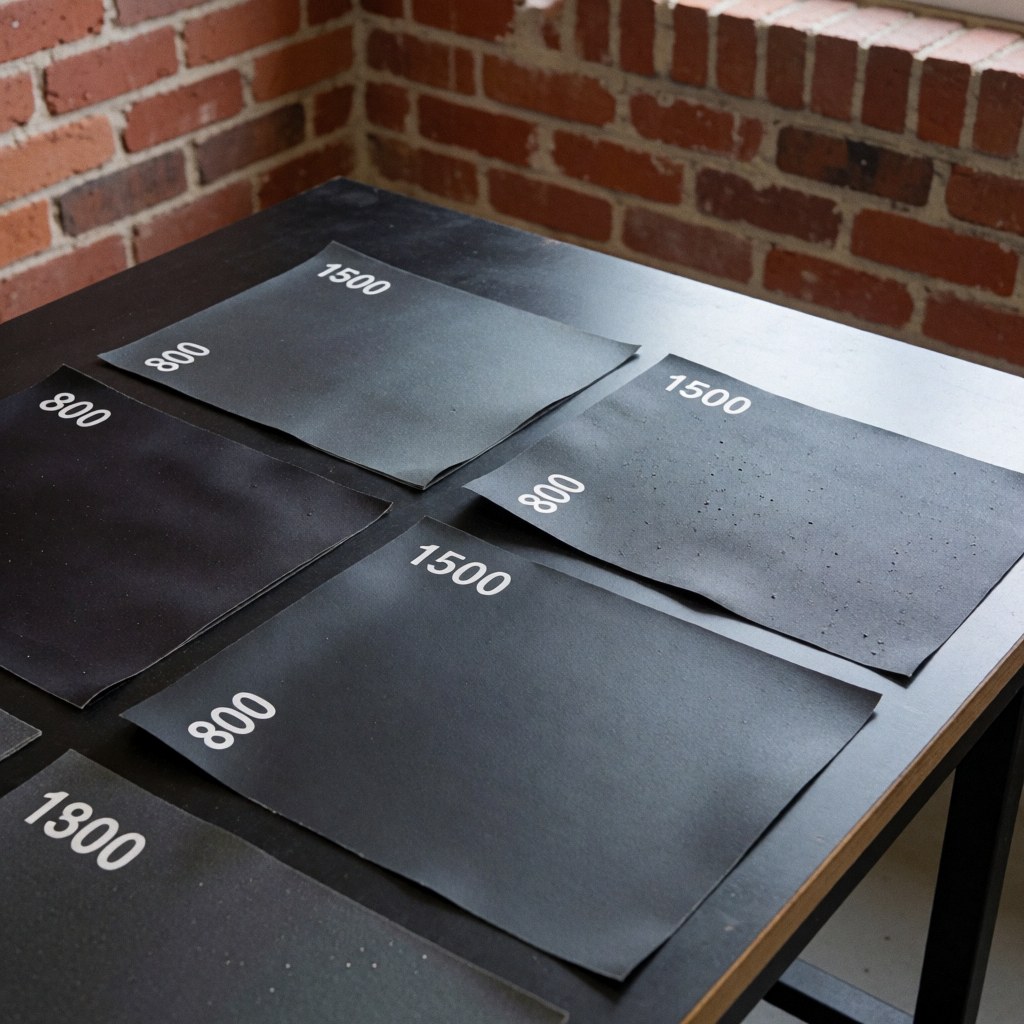 Papier abrasif automobile grain 800 et 1500 posé sur une table sombre avec un mur de briques rouges en arrière-plan pour la réparation de carrosserie