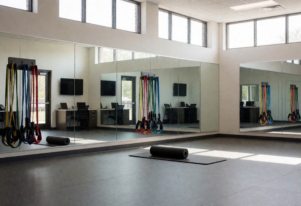 Salle de sport vide équipée de miroirs, de bandes de résistance et de rouleaux de mousse sur un sol en caoutchouc, idéale pour un instructeur de golf.
