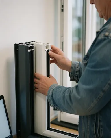 Une cliente compare des profils de fenêtres en PVC blanc et en aluminium gris dans un showroom aux murs blancs et épurés.