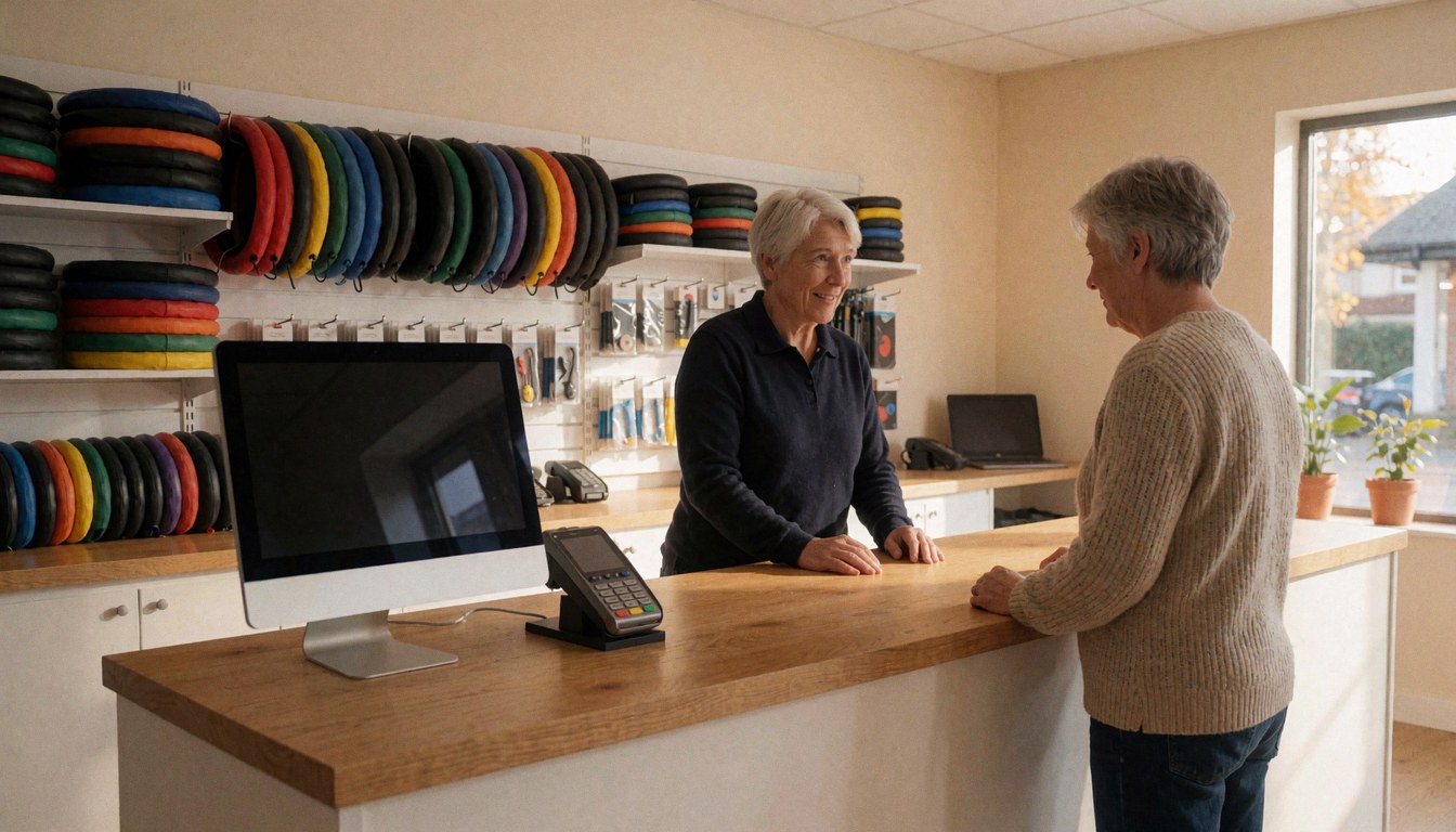 Employé de magasin de vélo assisté un client avec un ordinateur et un terminal de paiement, des chambres à air sur une étagère, ambiance chaleureuse et professionnelle.