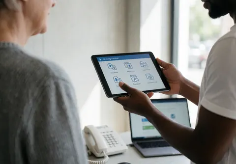 Un agent de voyage montre des options de couverture sur une tablette à un client, avec un mur en béton et un ordinateur portable en arrière-plan.