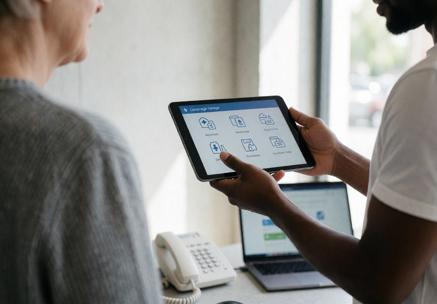 Un agent de voyage montre des options de couverture sur une tablette à un client, avec un mur en béton et un ordinateur portable en arrière-plan.