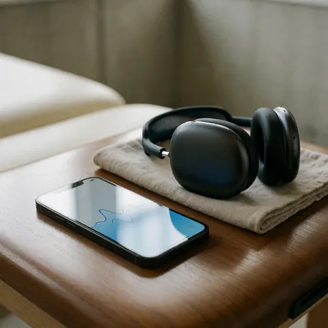 Des écouteurs noirs et un téléphone affichant des ondes sur une table en bois poli, dans une pièce aux murs en béton avec lumière naturelle.