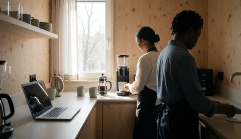 Deux membres du personnel versent du café dans une cuisine moderne avec un plan de travail en bois, près d'une fenêtre laissant entrer la lumière naturelle.