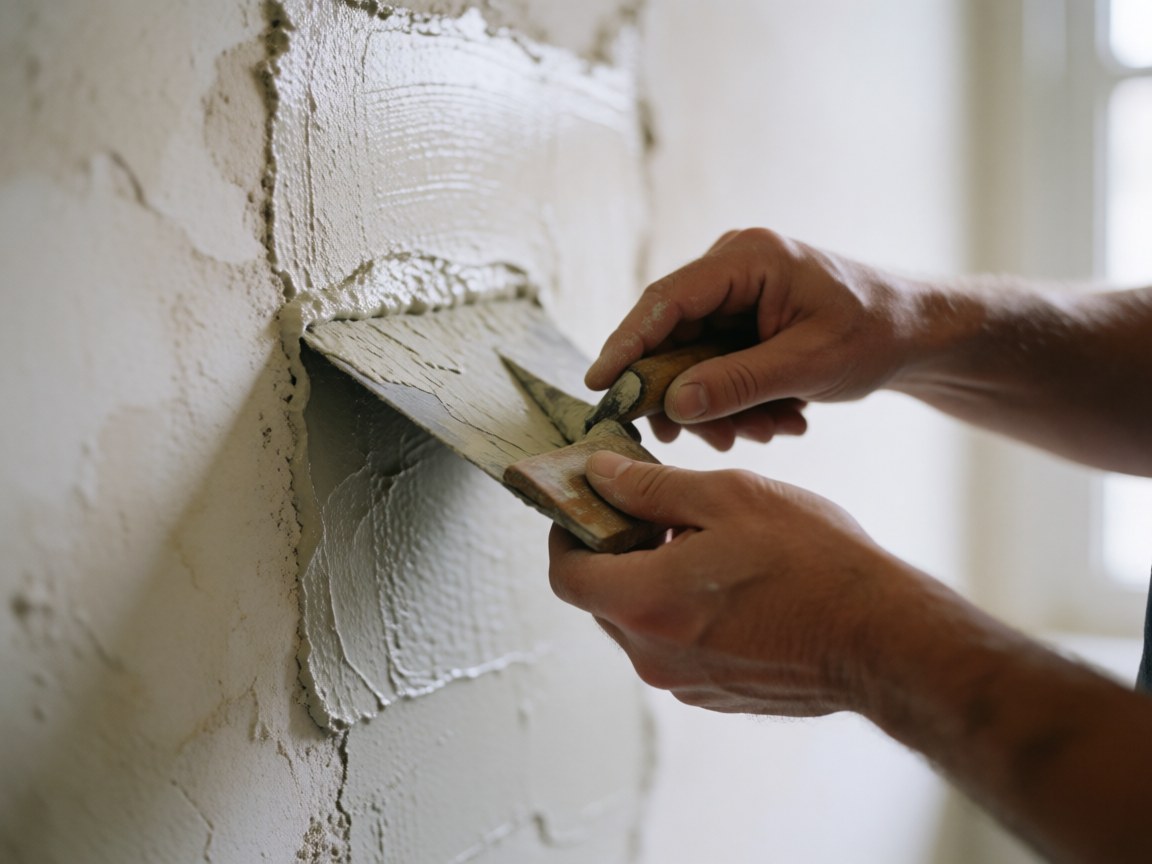 Gros plan sur des mains utilisant une truelle en bois pour appliquer du mortier sur un mur en plâtre, mettant en valeur la texture et les détails de l'outil pour des finitions en enduit.