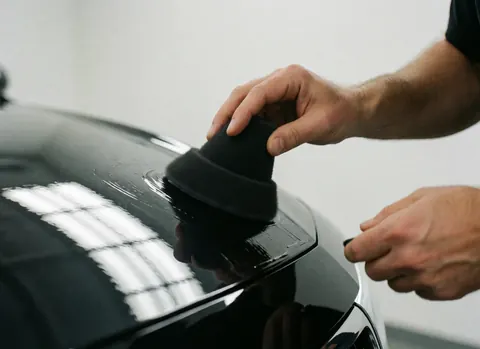 Gros plan d'une main appliquant soigneusement un revêtement céramique protecteur sur la carrosserie brillante d'une automobile noire dans un atelier.