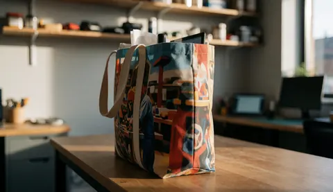 Sac en tissu coloré posé sur une table en bois dans un atelier, éclairage naturel, espace réservé pour le texte.