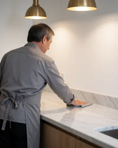 Un homme en tablier gris essuie un plan de travail blanc sous des suspensions, dans une cuisine moderne.
