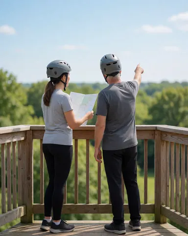Deux individus portant des casques de sécurité et tenant une carte, debout sur une plateforme en bois, observant un paysage arboré sous un ciel bleu dans un parc d'aventure.