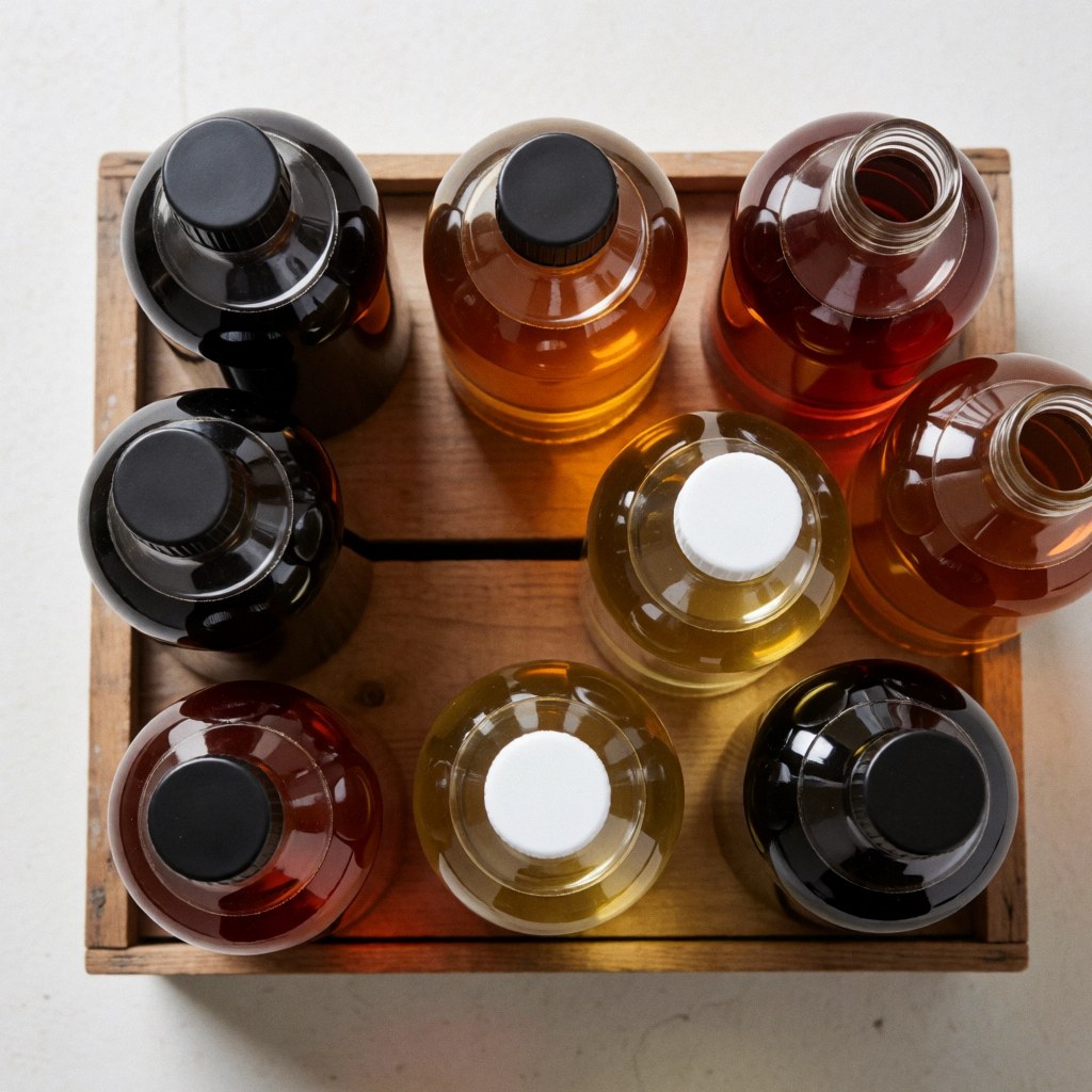 Vue de dessus de bouteilles de teintures pour peinture décorative dans une boîte en bois aux couleurs marron et jaune, produit pour la décoration intérieure.