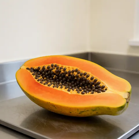 Papaye fraîche coupée en deux sur une table en acier inoxydable, révélant sa pulpe orange vif et ses graines noires brillantes, idéale pour la vente de fruits frais.