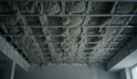 Fond de plafond de construction avec poutres métalliques et isolation en fibre minérale, idéal pour les textes sur la réparation de chauffage.