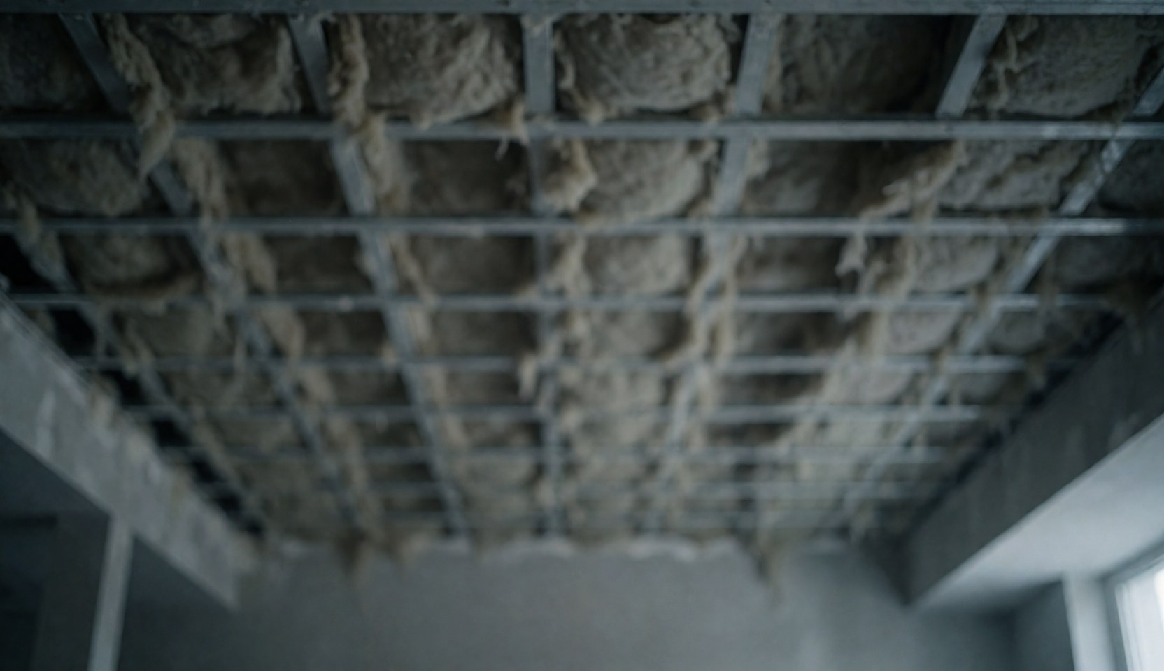 Fond de plafond de construction avec poutres métalliques et isolation en fibre minérale, idéal pour les textes sur la réparation de chauffage.