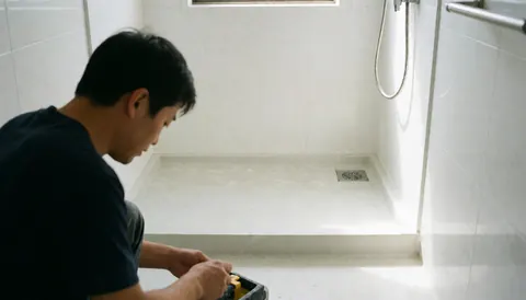 Un installateur professionnel ajuste une douche en acrylique dans une salle de bains moderne aux murs blancs et à la lumière naturelle.