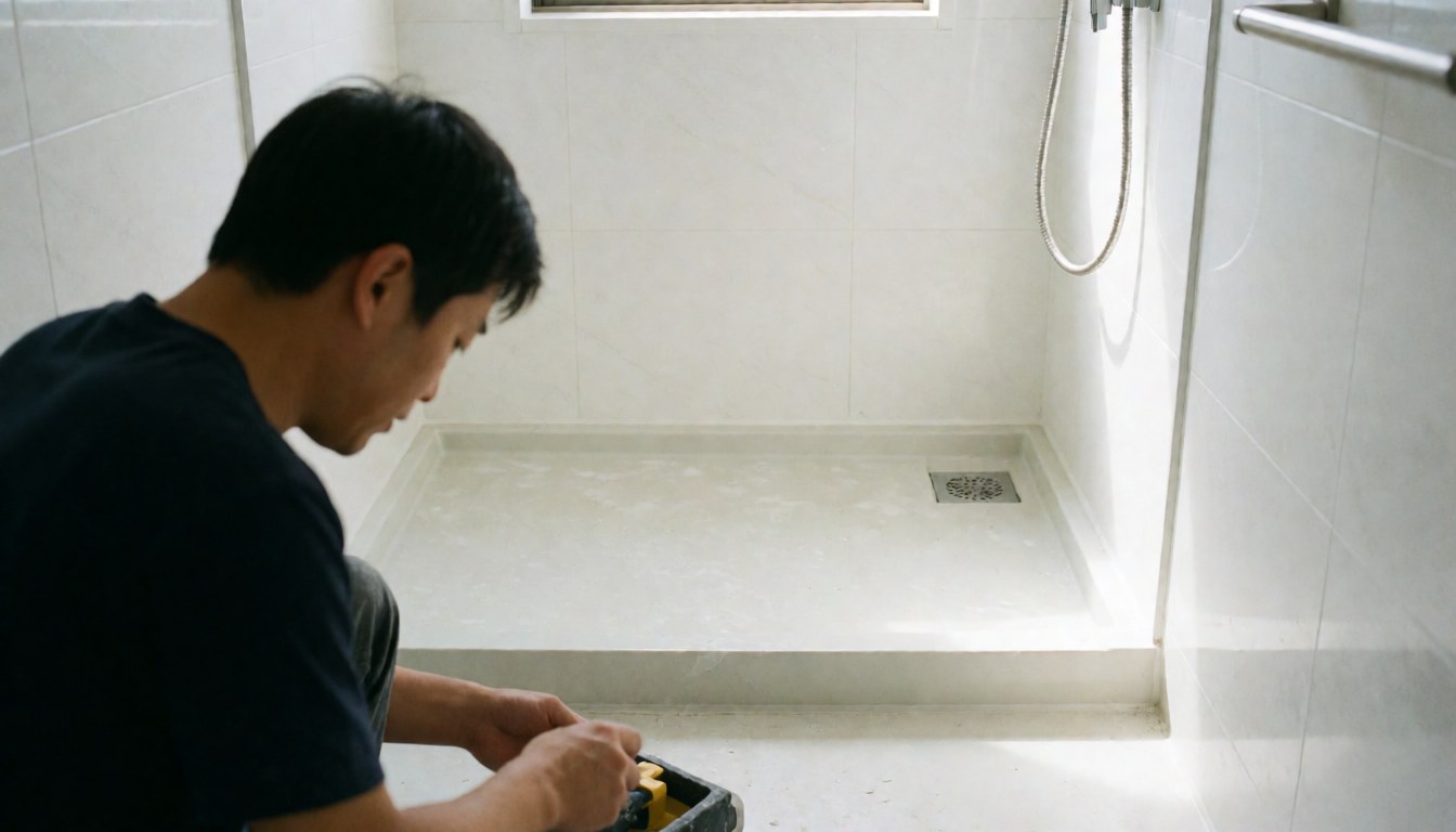 Un installateur professionnel ajuste une douche en acrylique dans une salle de bains moderne aux murs blancs et à la lumière naturelle.