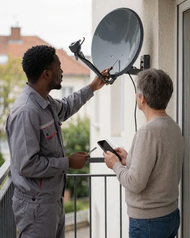 Un technicien montre à une cliente le résultat du travail sur son balcon, tenant des outils et un téléphone portable.