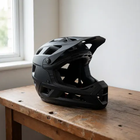 Casque de vélo de montagne noir posé sur une table en bois rustique éclairée par la lumière naturelle d'une fenêtre, idéal pour une boutique de cyclisme.
