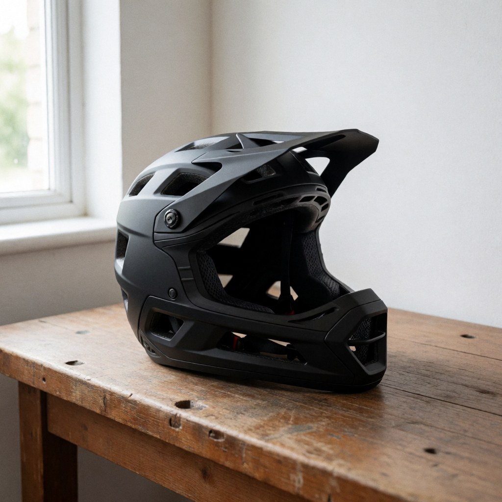 Casque de vélo de montagne noir posé sur une table en bois rustique éclairée par la lumière naturelle d'une fenêtre, idéal pour une boutique de cyclisme.