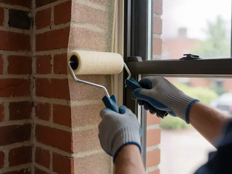 Des mains gantées utilisent un rouleau de spline pour fixer une maille en fibre de verre sur un cadre de fenêtre, devant un mur de briques rouges, lors d'une intervention de réparation.