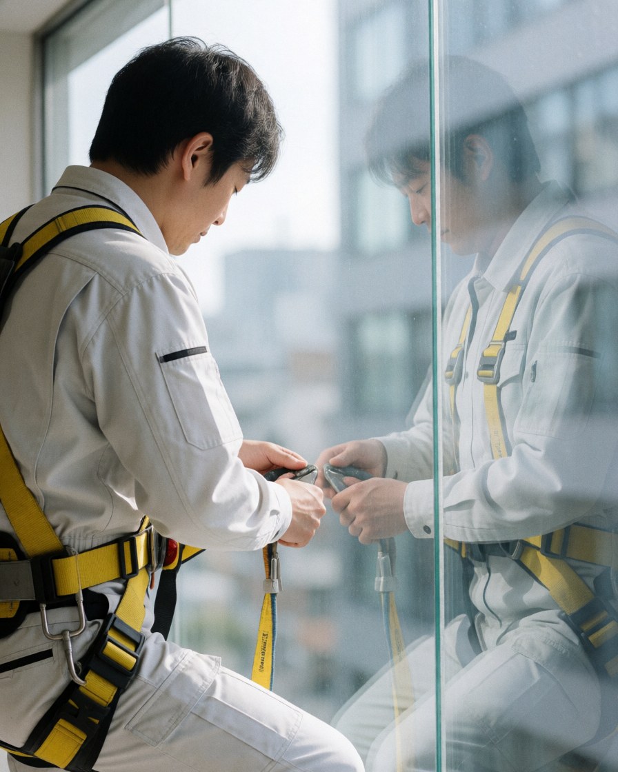 Un ouvrier en uniforme blanc ajuste son équipement de sécurité sur une paroi de verre propre avec reflet visible, dans un contexte urbain.