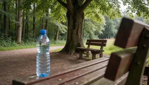 Bouteille d'eau posée sur un banc en bois sous un grand arbre sur un sentier forestier, offrant un coin de repos dans un parc de loisirs.