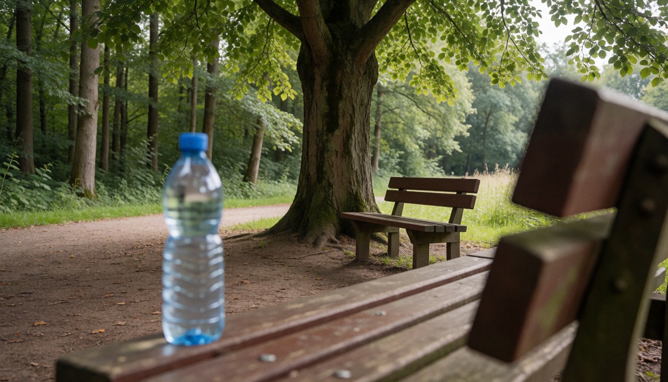 Bouteille d'eau posée sur un banc en bois sous un grand arbre sur un sentier forestier, offrant un coin de repos dans un parc de loisirs.