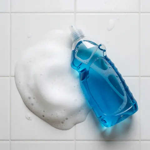 Bouteille de lavage bleue contenant de la mousse blanche posée sur des carreaux blancs, vue de dessus, idéale pour un service de nettoyage automobile.