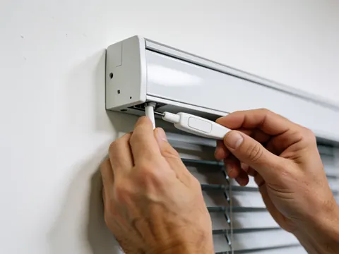 Des mains installent une télécommande blanche sur la bande d'un store blanc, montrant le mécanisme fixé au mur blanc en gros plan.
