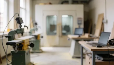 Fond d'atelier de soudure avec machine à percer, cabine de peinture et tables de travail sous lumière naturelle