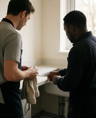Installateur de cuisine vérifiant le bord du lavabo avec un client, tuyau de plomberie visible, plan de travail propre et lumière naturelle.