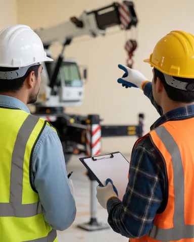 Deux travailleurs en équipements de sécurité consultent un plan de levage près d'une grue sur un chantier de construction.