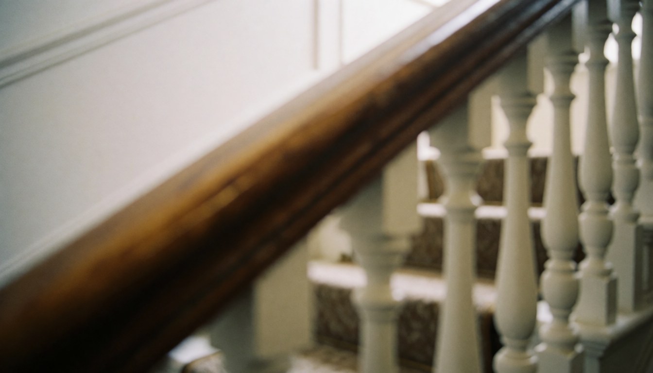 Fond d'escalier avec rampe en bois poli et balustrades blanches, idéal pour des textes sur la restauration de meubles dans des intérieurs chaleureux.