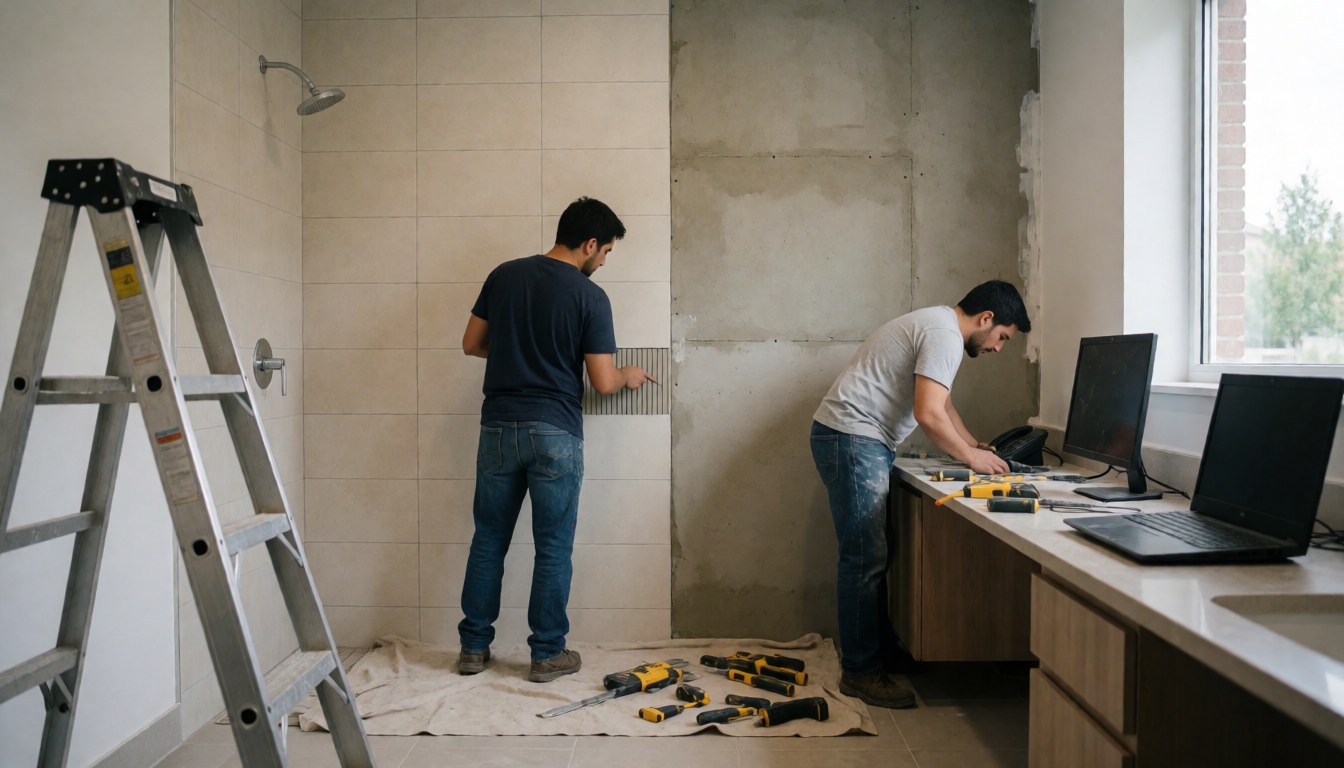 Deux ouvriers installent des carreaux sur un mur de salle de bain, entre zone finie et paroi en ciment, avec outils et échelle au sol.