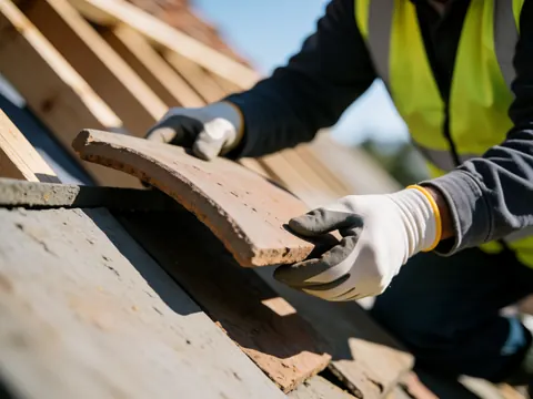 Main gantée installant une tuile de terre cuite courbe sur un toit en bois, avec un gilet de sécurité et un ciel bleu en arrière-plan.