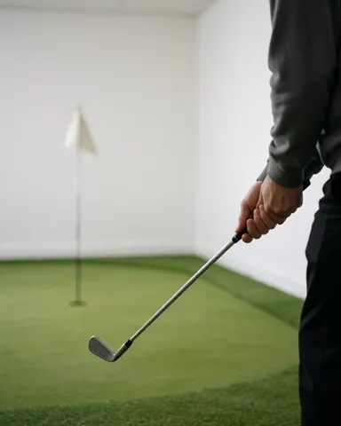 Une cliente pratique le golf en intérieur avec un club wedge, devant un trou sur une pelouse artificielle avec un drapeau.