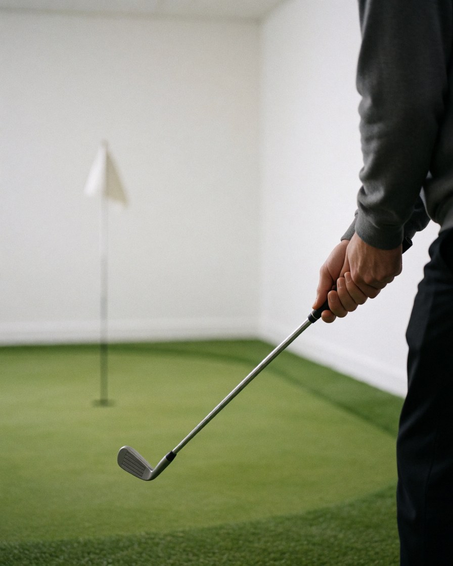 Une cliente pratique le golf en intérieur avec un club wedge, devant un trou sur une pelouse artificielle avec un drapeau.