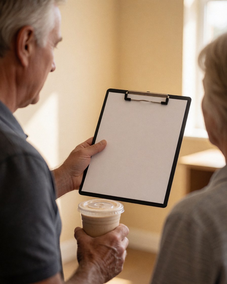 Un entraîneur de fitness présente un programme sur un classeur à un client âgé, tenant une boisson protéinée dans un gymnase lumineux.
