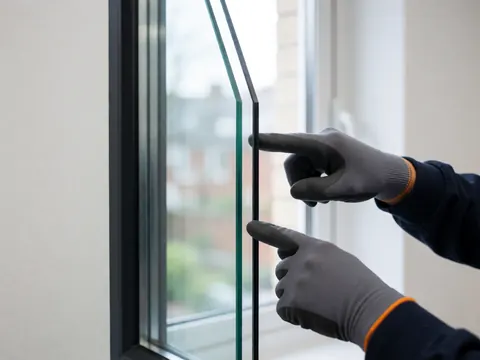 Gros plan montrant une main portant un gant de travail indiquant le joint d'étanchéité et la barre d'espacement sur une vitre double, détail technique de réparation.